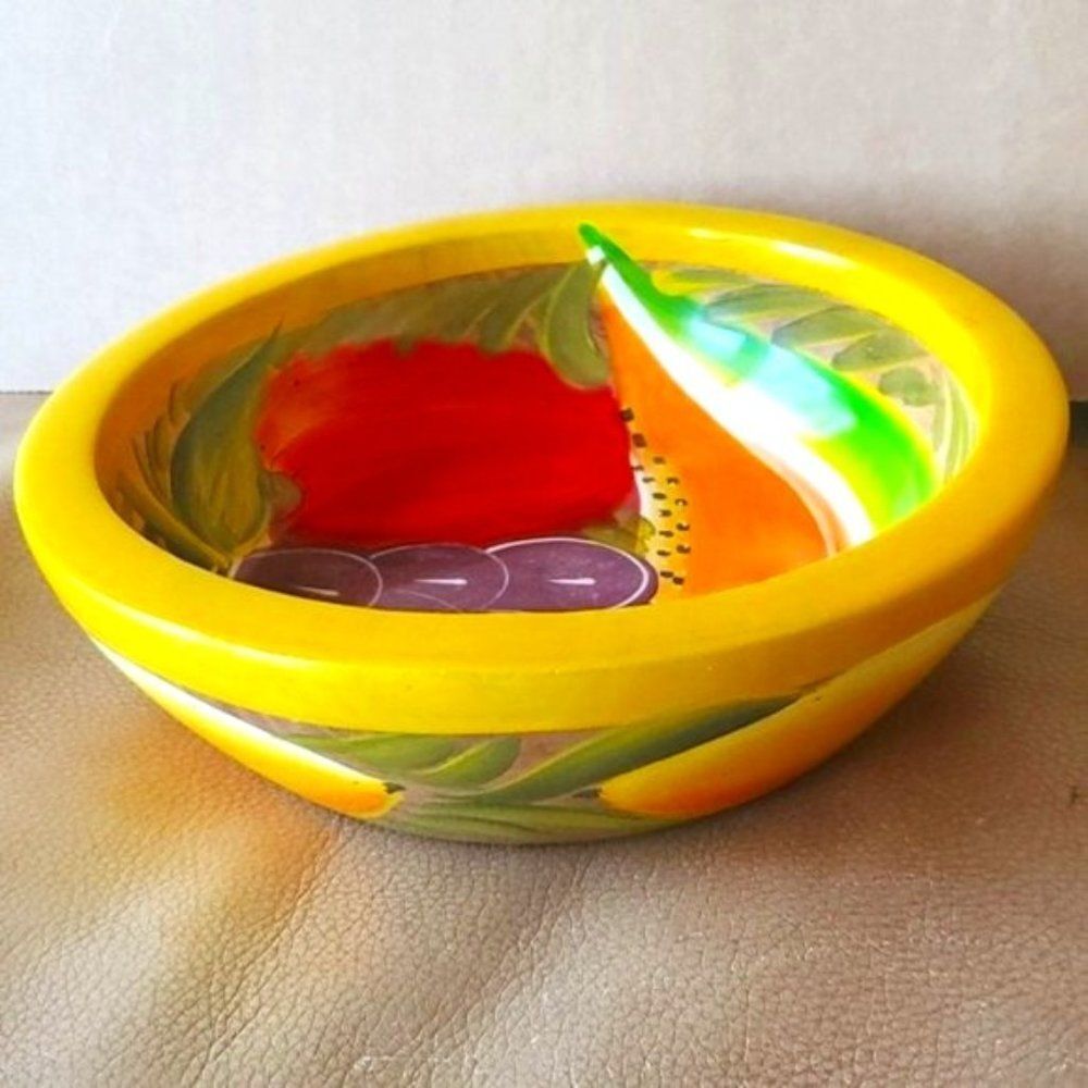 Painted Wood Bowl - fruit grape, apple, watermelon and lemons
